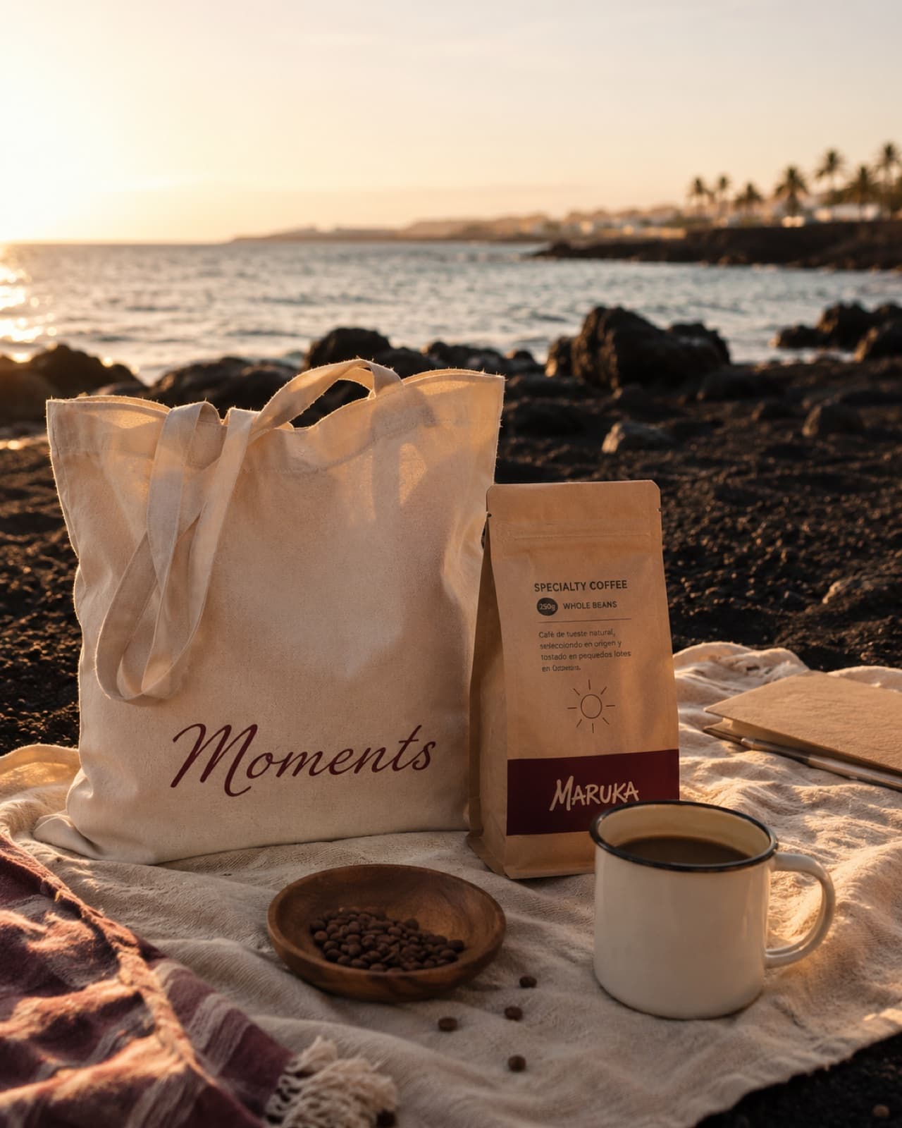 Moments tote and Maruka coffee on a volcanic beach in Lanzarote